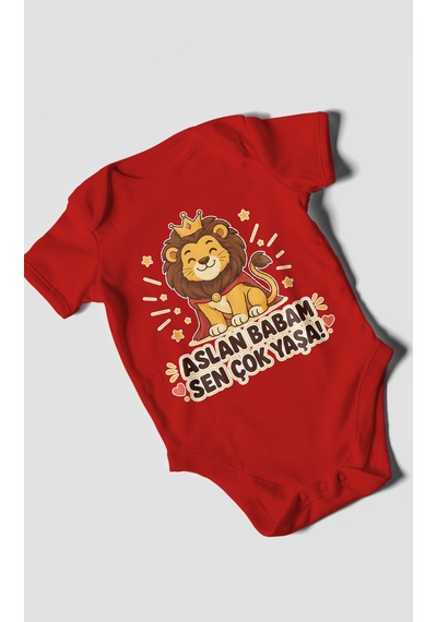 Morivokids Aslan Babam Sen Çok Yaşa Kısa Kollu Bebek Body %100 Pamuk Kırmızı