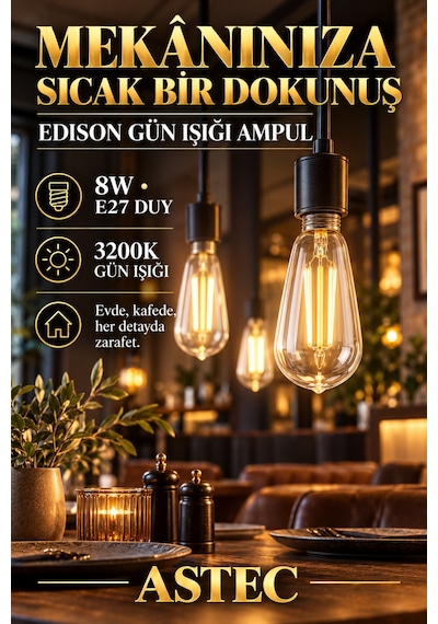 Astec E27 Edison Gün Işığı Ampul 8 Watt 3200k Gün Işığı Dekoratif Filament Led
