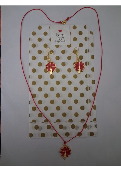 Set Kolye, Küpe Yonca Kırmızı Boyalı, Tek Yüzlü Hediye Ambalajlı