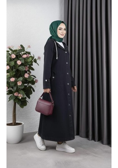 Hb Harma Time Butik Kadın Cepli Düğmeli Kapüşonlu Denim Siyah Trençkot