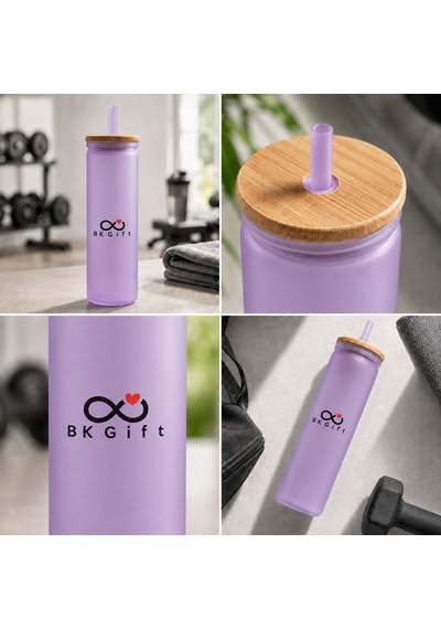 Logonuza Özel 10 Adet Plastik Pipetli Bambu Kapaklı 500 Ml Cam Suluk - Mor
