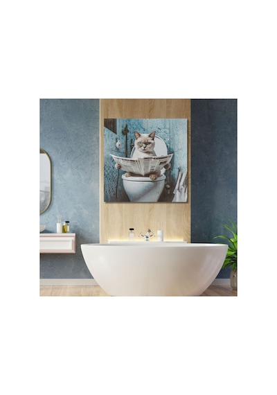 Tekli Kare Kanvas Banyo Tablosu Gazete Okuyan Beyaz British Shorthair Kanvas Çok Renkli Çerçevesiz