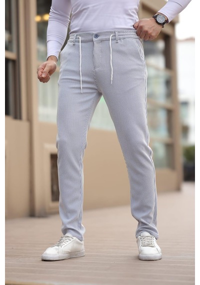 Afri İnce Çizgili Kumaş Beyaz Jogger Pantolon Beyaz