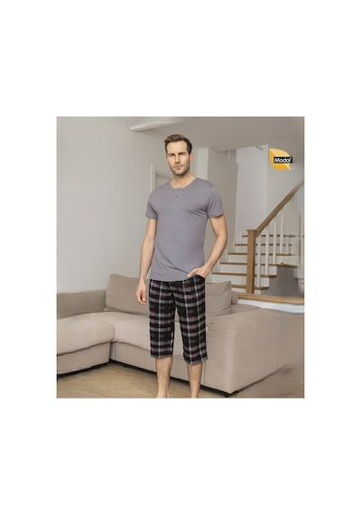 Aydoğan Erkek Modal Patlı Kısa Kollu Pijama Takımı Gri