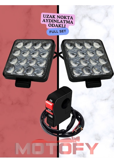 Uzak Aydınlatma Odaklı Mercekli 16 Ledli Motosiklet Sis Farı Takımı + Usb'li Buton 48+48 - 96 Watt