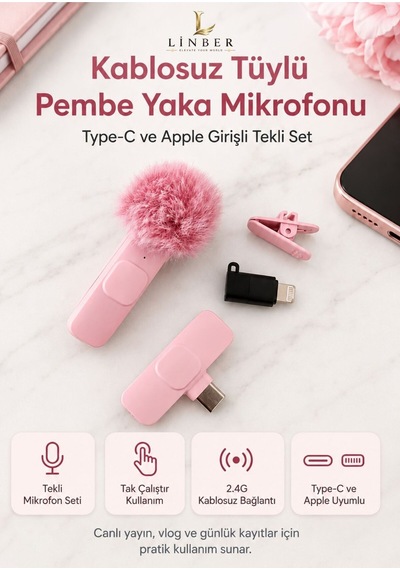 Pembe Kablosuz Yaka Mikrofonu Tekli Tak Çalıştır, İos Uyumlu, 6-8 Saat Kullanım 1 Adet Pembe Pembe