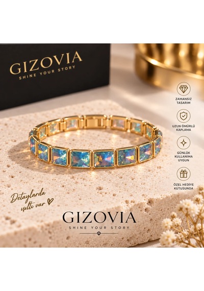 Gizovia Aurora Gold Prenses Kesim Taşlı Bileklik Mavi Altın