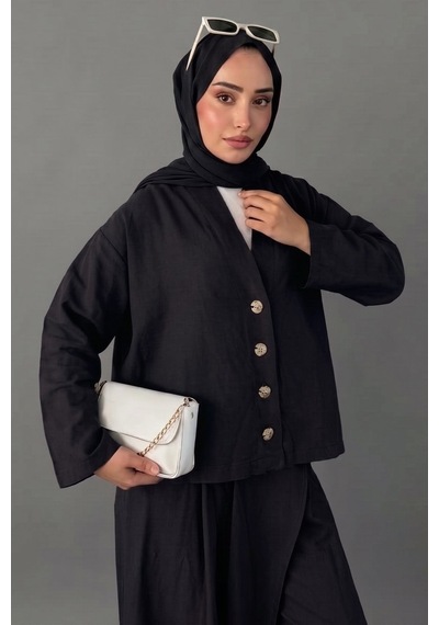 Norshen Kruvaze Kesim Düğmeli Bluz & Etek Görünümlü Geniş Paça Pantolon - Keten Takım siyah Norshen Kruvaze Kesim Düğmeli Bluz & Etek Görünümlü Geniş Paça Pantolon - Keten Takım siyah