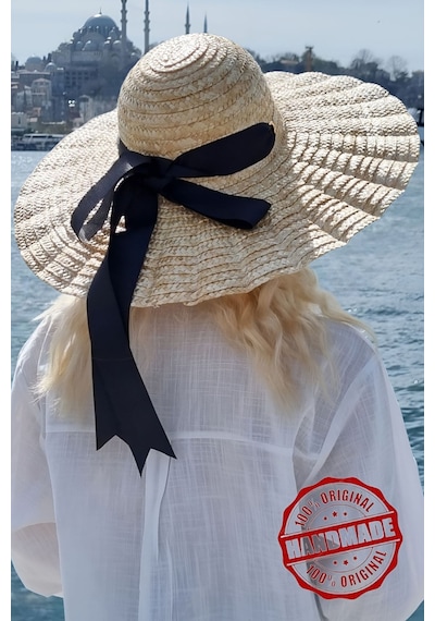 Uniquetrenders Kadın Galata Breeze Model Maxi Boy Kurdeleli Hasır Şapka Geniş Kenarlı Trend Günlük Ve Plaj Şapka Bej