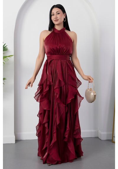 Kalopya Halter Yaka Eteği Fırfırlı Saten Elbise Eli6073 Bordo