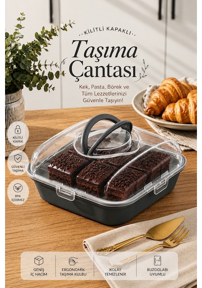 Porsima 1096 Pasta Kek Börek Kabı Kilitli Saklama Kabı Antrasit