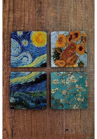 Doğal Taş Bardak Altlığı 4'lü Set - Vincent Van Gogh Eserleri - Stone Coasters Çok Renkli