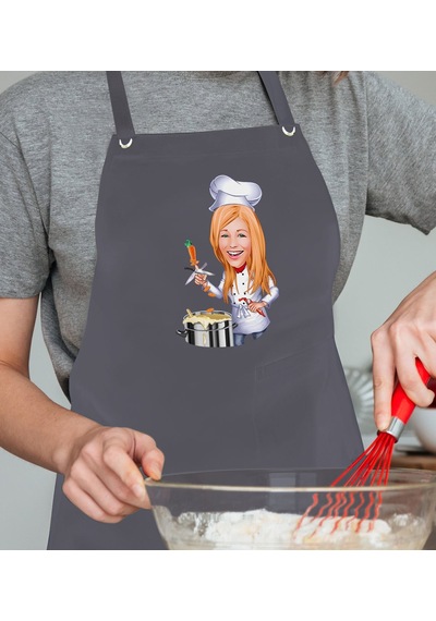 BK Gift Kişiye Özel Kadın Chef Karikatürlü Profesyonel Antrasit M