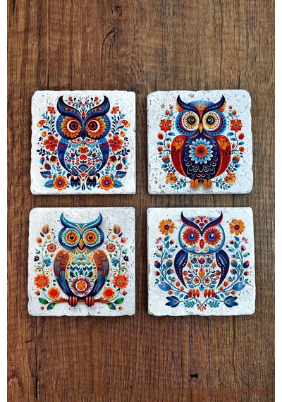 Doğal Taş Bardak Altlığı 4'lü Set 10x10x1 Cm Renkli Baykuş Desenler -stone Coasters Çok Renkli