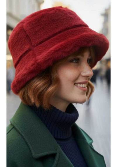 Uniquetrenders Kadın Peluş Bucket Şapka Kırmızı