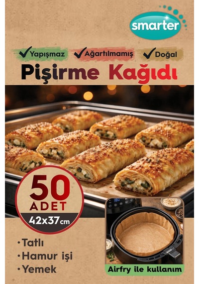 Smarter 50 Adet Ağartılmamış Hazır Kesilmiş Pişirme Kağıdı Airfryer 42x37cm Yapışmaz