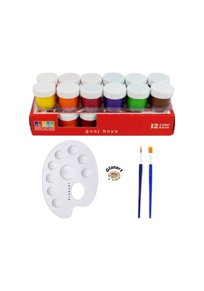 Sentetik İpek Fırçalı 12 Renk Guaj Boya Seti 12x20 Ml Çok Renkli