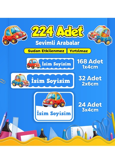 Sevimli Arabalar Temalı Okul Kreş Kişiye Özel İsim Etiket Seti - Model 268 Çok Renkli