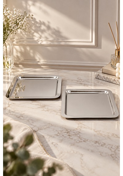6 Lı Paslanmaz Metal Kahve Sunum Servis Tepsisi Tepsi 22cm Gümüş