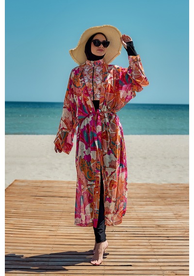 Remsa Mayo Remsa Tesettür Mayo Üzerine Tek Kaftan Kimono Pareo Oranj Rp034 Festival Oranj