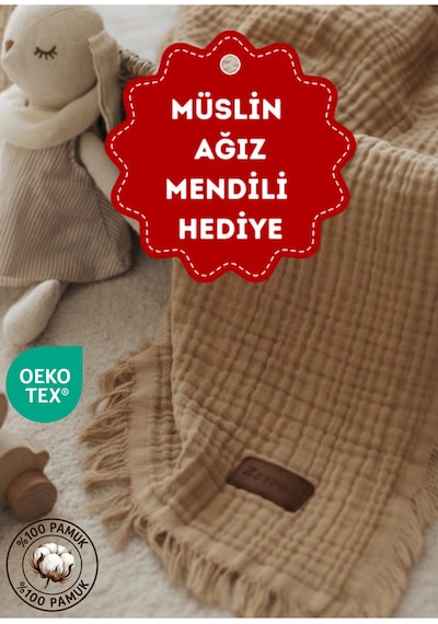 Zeypba %100 Pamuk 4 Katlı Müslin Bebek Battaniye & Çocuk Müslin Battaniye 110x110 CM Vizon