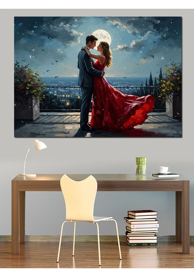 Ay Işığında Balkonda Romantik Çift Dekoratif Kanvas - Mdf Ahşap Tablo
