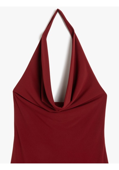 Koton Kolsuz Slim Fit Midi Boy Degaje Yaka Dekolte Elbise Bordo 5sak80064ek Bordo