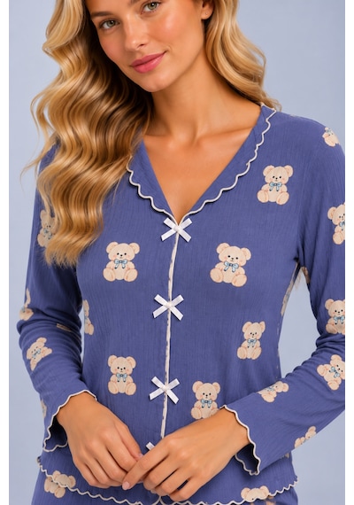 Pijamask Kadın Desenli Fiyonk Detaylı Düğmeli Uzun Kollu Müslin Pijama Takımı İndigo Mavi-8 Pijamask Kadın Desenli Fiyonk Detaylı Düğmeli Uzun Kollu Müslin Pijama Takımı İndigo Mavi-8
