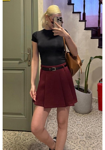 Madmext Bordo Pileli Kadın Mini Şort Etek Mg2402 Bordo