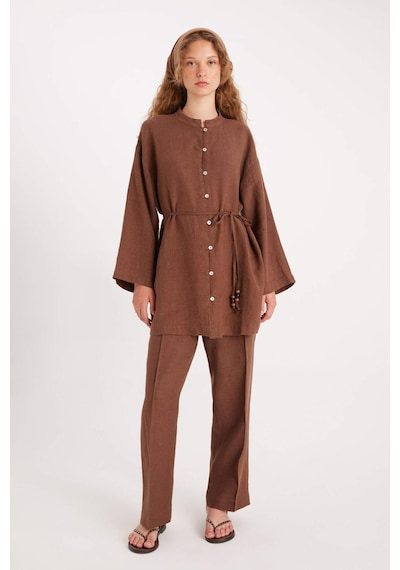 Defacto %100 Keten Regular Fit Bağcıklı Uzun Kollu Tesettür Gömlek Tunik D4394AX24HS Kahve