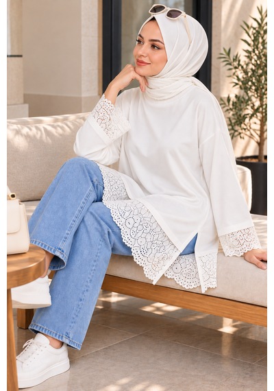 Aymiraa Kadın Dantel Detaylı Uzun Tunik Tesettür Sweatshirt Bisiklet Yaka Rahat Kesim Beyaz