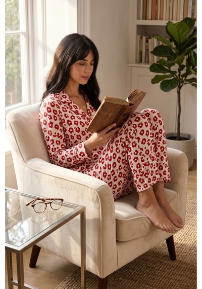 Fit Women Kadın Uzun Kollu Düğmeli Alt Üst Uyku Kırmızı Pijama Takımı