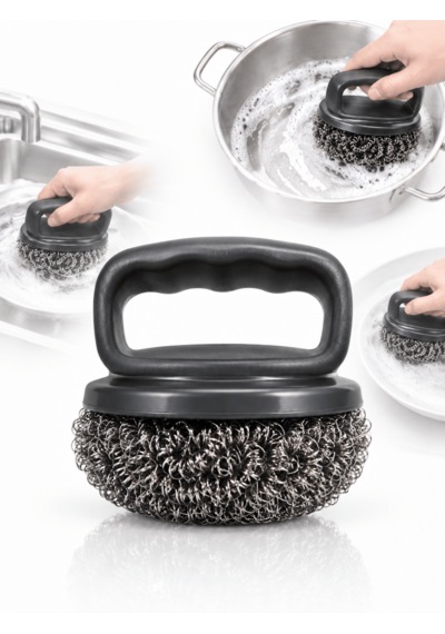 20gr Tutma Saplı Bulaşık Teli Ergonomik Saplı Paslanmaz Çelik Ovma Teli Yedek Tel Hediyeli