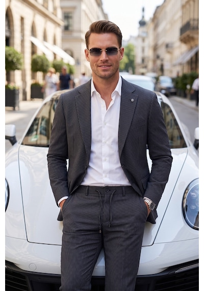 Rizzup Erkek Slim Fit Dar Kesim Çizgili Gofre Kumaş Lacivert Takım Elbise Tek Düğme İpli Pantolon 2602311