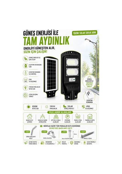 100 W Solar Sokak Armatürü Sensörlü Profesyonel Seri, Kumandalı Montaj Seti Hediyeli