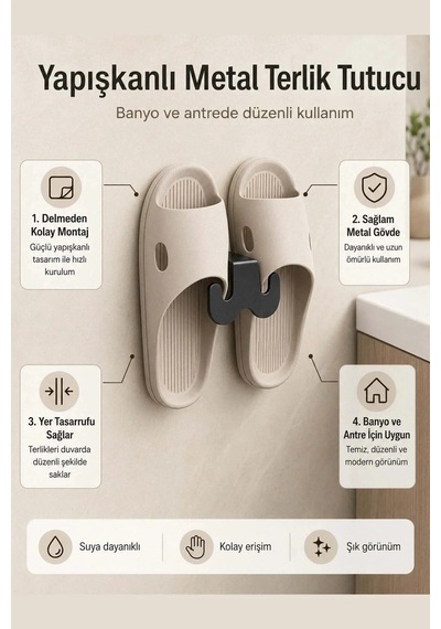Tineke Metal Yapışkanlı Terlik Askısı Wc Kapısı Banyo Kapı Arkası Ayakkabı Tutucu Rafı 8,5 Cm Çok Renkli