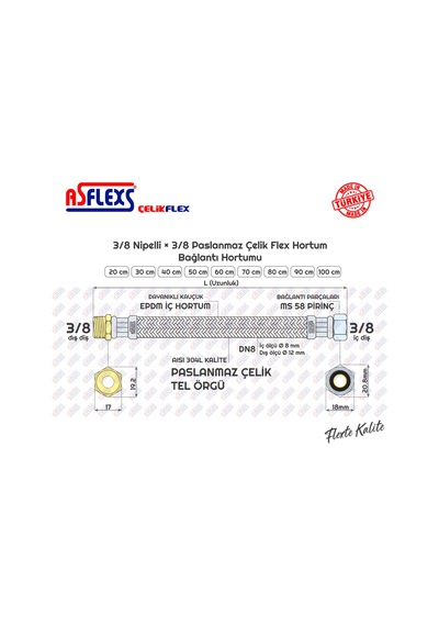 Asflexs 3/8 Nipelli×3/8 Paslanmaz Çelik Flex Hortum Bağlantı Hortumu