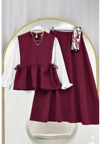 Lovie Moda Kadın Kolu Büzgülü Etekli Takım - Bordo