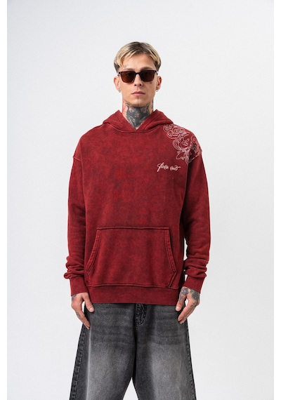 Respire Erkek Fierce Baskılı Yıkamalı Kapüşonlu Oversize Hoodie Bordo