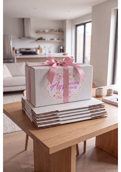 Kişiye Özel Çeyiz Kolisi Seti 52x35x28 Cm 10 Adet Beyaz Bc Dalga Koli + 10 Adet İsimli Sticker Diğer