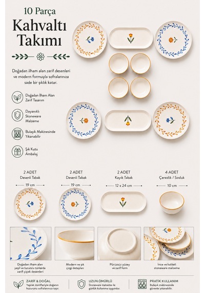 10 Parça 4 Kişilik Vivia Stoneware Kahvaltı Takımı - Özel Desenli Kahvaltılık Servis Sunum Seti Çok Renkli