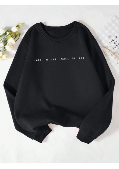 Startmore Startmoretrend Kadın Tişörtü Gad Baskı Kazak Görüntüsünde Yapılan Rahat Crewneck Polar Yumuşak Hoodie Siyah