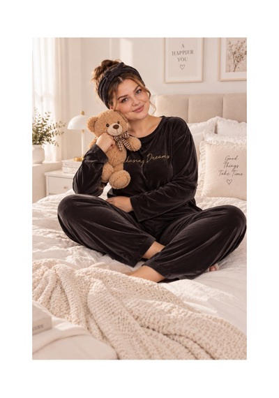 Nisanca Büyük Beden Kadife Kadın Pijama Takımı - Süper Soft Kadife Kahve