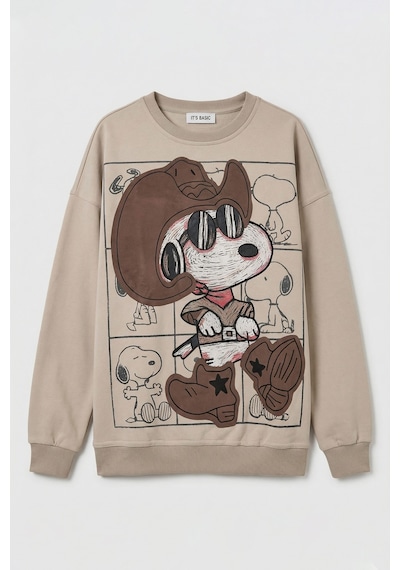 it's basic  Kadın Ekru Bej W5 Oversize Baskılı %100 Koton Organik Kumaş Sweatshirt