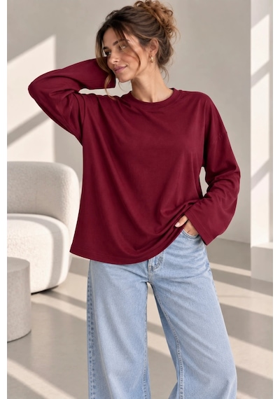 Bb Butik Basic Kadın Modal Oversize Bisiklet Yaka Sweatshirt Zg3535 Bordo
