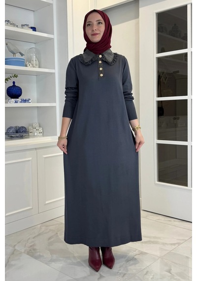 Rabia Şamlı Derya Dantelli Triko Elbise Antrasit Normal