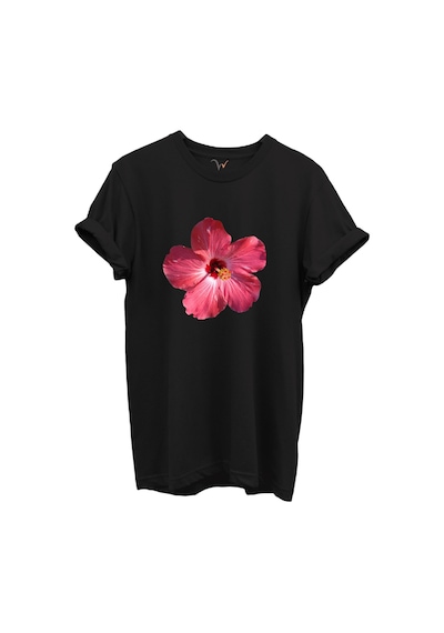 Pembe Tropik Hibiskus Çiçekli Kadın %100 Pamuk Regular Fit Bisiklet Yaka T-shirt Siyah