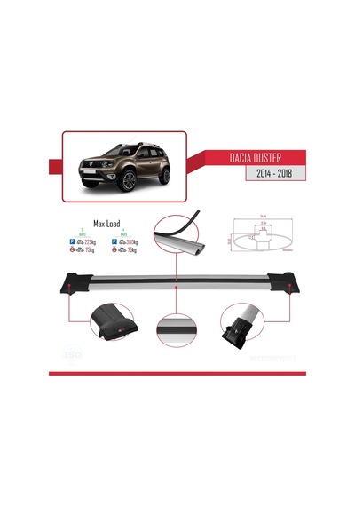 Dacia Duster 2014-2018 Arası İle Uyumlu Fly Model Ara Atkı Tavan Barı Gri 3 Adet Bar