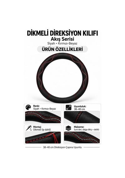 Trobus Ford Transit Connect 2002-2013 Uyumlu Dikmeli Direksiyon Kılıfı Akış Siyah Kırmızı-beyaz Siyah - Kırmızı-beyaz
