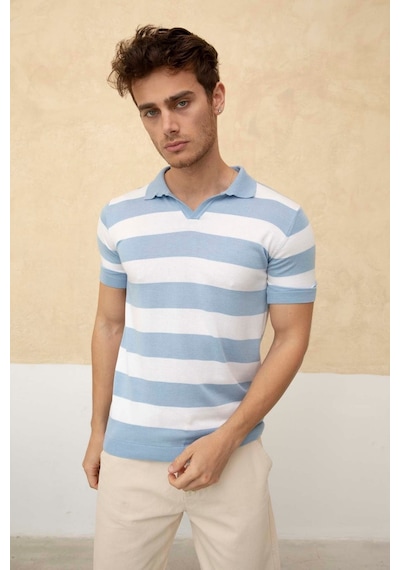 Tarz Cool Renk Bloklu Polo Yaka Triko T-shirt Mavi